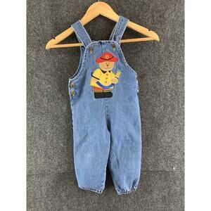 Vintage 90’s Kids Overalls Fireman Bear Apliqué Denim Cotton Blue Size 4